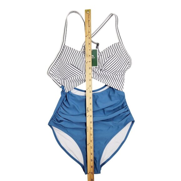 Striped Twist-Front High-Waist One-Piece Swimsuit Blue & White S Eomenie - Picture 6 of 9